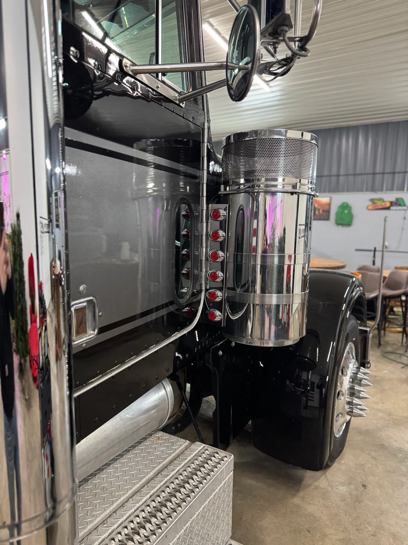 Chrome intake housing and polished side of a semi truck